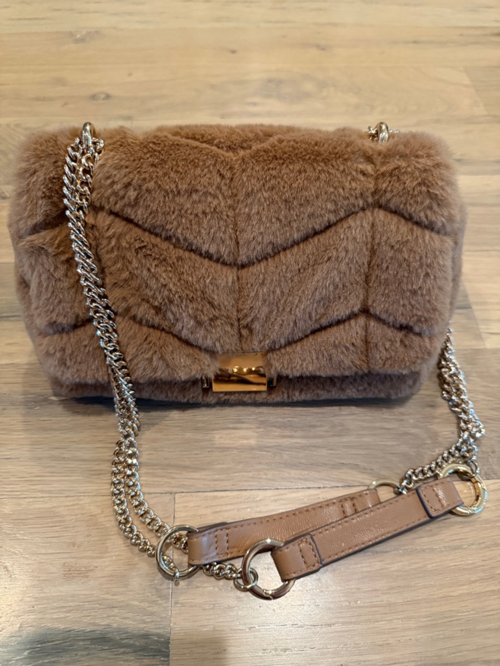 a new day Brown Quilted Faux Fur Crossbody with Gold Chain
